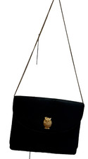 VINTAGE Gold Owl Miss Lewis Satin clutch Chain Shoulder black Bag small-med