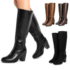 Women Almond Toe Knee-High Boots Chunky Block Heel Zip Up Riding Boots