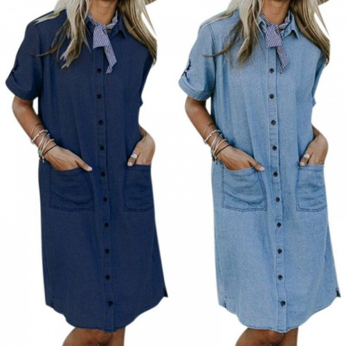 Damen Button Down Denim Kurzarm Hemdkleid Freizeit Jeans Kleider Übergröße - Bild 1 von 8