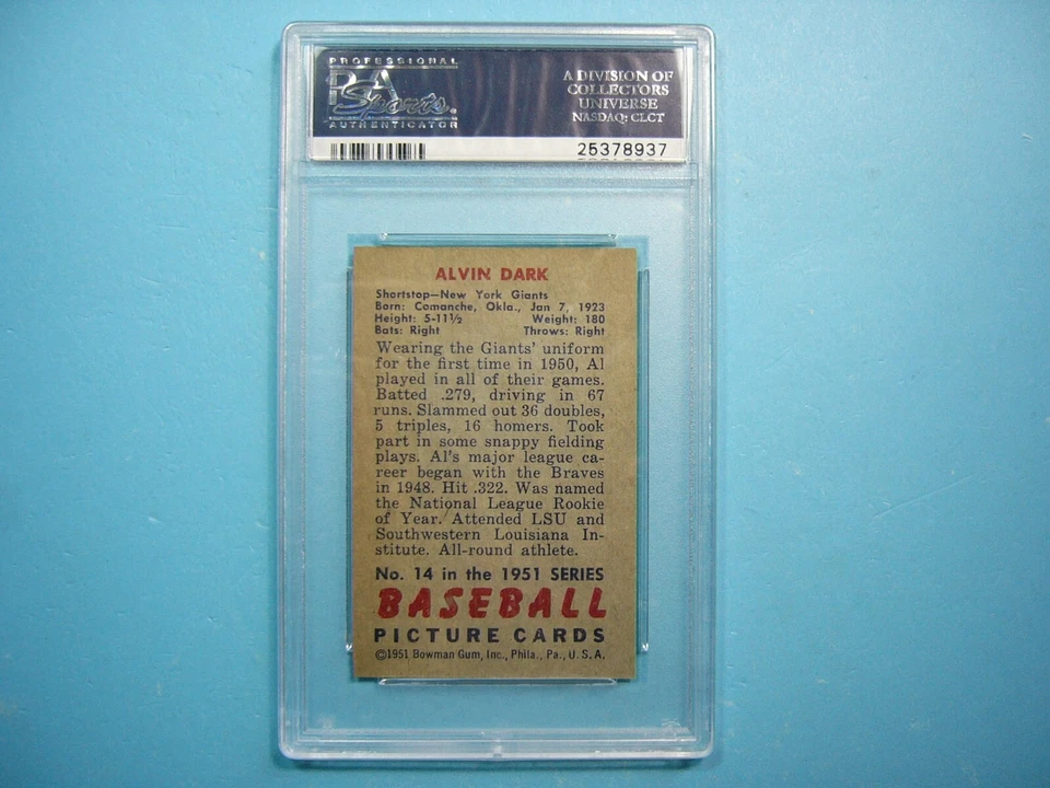 Tarjeta de béisbol 1951 Bowman MLB #14 Alvin Dark PSA 6 ¡¡Ex/Nueva nítida!! '51 GL Foto 2 de 4