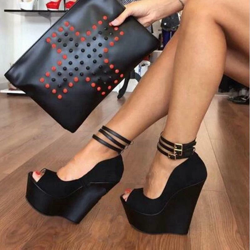 Ladies Club High Wedge Heels Sandals Sexy Open Toe Ankle Strap Platform Shoes