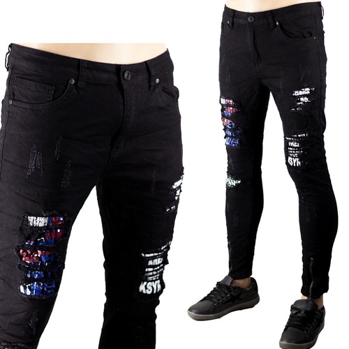 Pantaloni Elasticizzati Uomo Jeans Slim Fit Strappati Skinny Aderenti Toppe  Nero | eBay