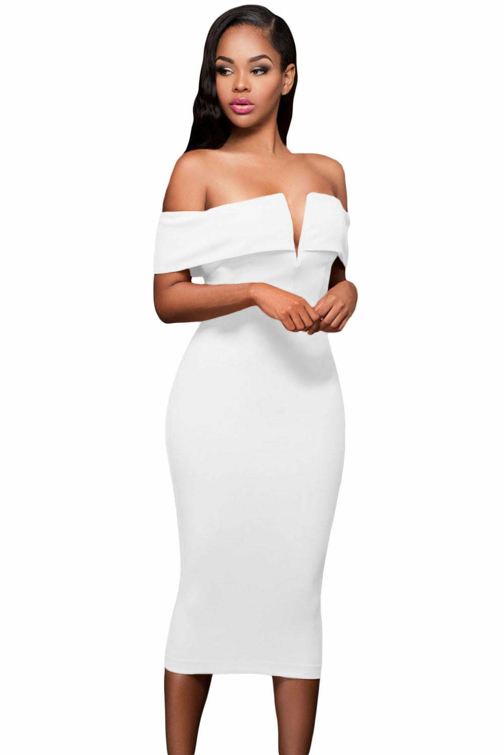 Women White Off-the-shoulder Midi Dress 