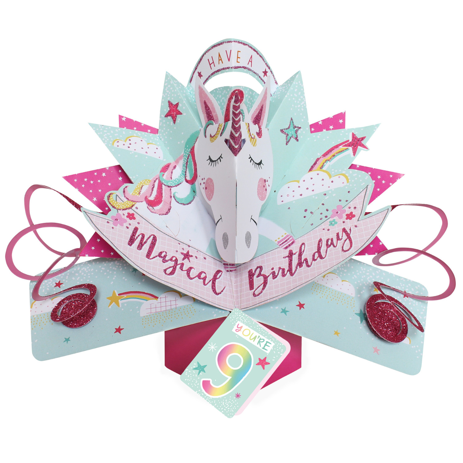 You're 9 Magical Unicorn 9th Birthday Pop Up Greeting Card 3D Pop-Up Cards