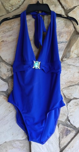 Catalina XL (16-18) Blue Halter Style With Gem Accent One Piece Lined Swimsuit - Picture 3 of 4