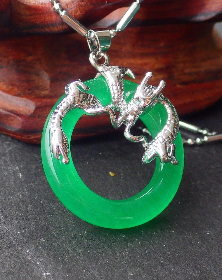 Белое золото пластина китайский зеленый нефрит подвеска круг дракон с цепочкой 252551 - Изображение 2 из 4