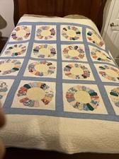 Antique Dresden Plate Quilt Blue/wGORGEOUS 1930s 76x72  well stitched