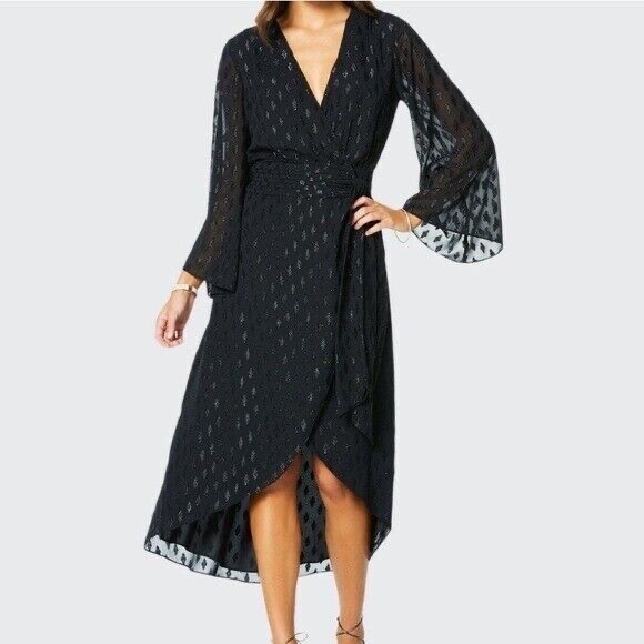 Ramy Brook womens size 4 Black Julie Midi Wrap Dress long sleeve lined