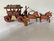 RARE VINTAGE HAND CARVED WOODEN GERMANY HORSE DRAWN STAGECOACH WAGON W/ 4 HORSES