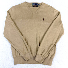 Polo By Ralph Lauren Sweater Mens Medium Beige V Neck Pima Cotton Pullover Knit