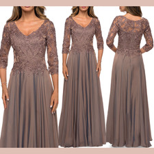 NWT 538 La Femme 4 28106 Lace Bodice 3/4 Sleeve Chiffon Gown in Cocoa S2104