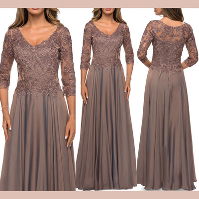NWT $538 La Femme [ 4 ] 28106 Lace Bodice 3/4 Sleeve Chiffon Gown in Cocoa S2104