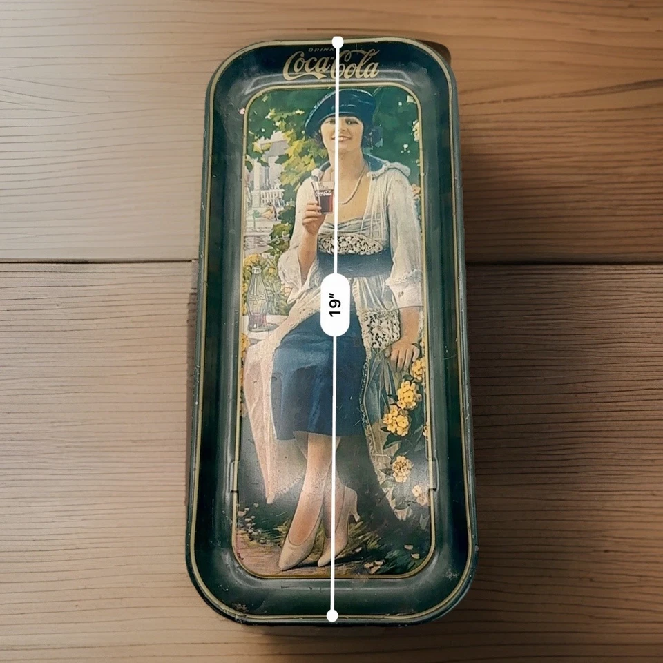 Vintage Coca-Cola Tray 1920s Lady in Blue Dress 19”x8” Retro Tin Metal Sign - Image 3 of 4