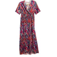 Women 2XL Pink Blue Abstract Floral Maxi Dress V-Neck Elastic Waist Short Sleeve