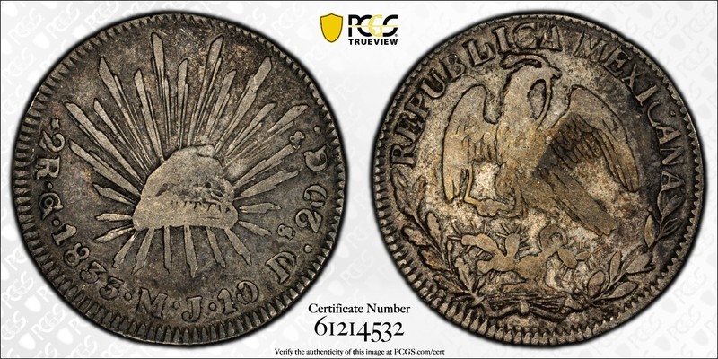 1833 Go MJ Mexico 2 Reales Silver Coin – PCGS VF20 Top Pop 1/0 – Guanajuato Mint