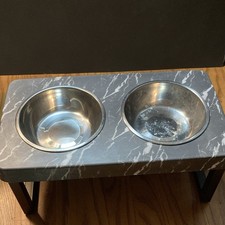 Elevated Raised Dog Feeder Stand w/ 2 Stainless Steel Bowls Gray Marble Look