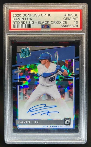 2020 Donruss Optic Gavin Lux Rated Rookie Black Cracked Ice Auto RC #/25 PSA 10