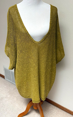 Eileen Fisher Women s 3X Green Gold Linen Blend Knit Dolman Tunic Layering Artsy