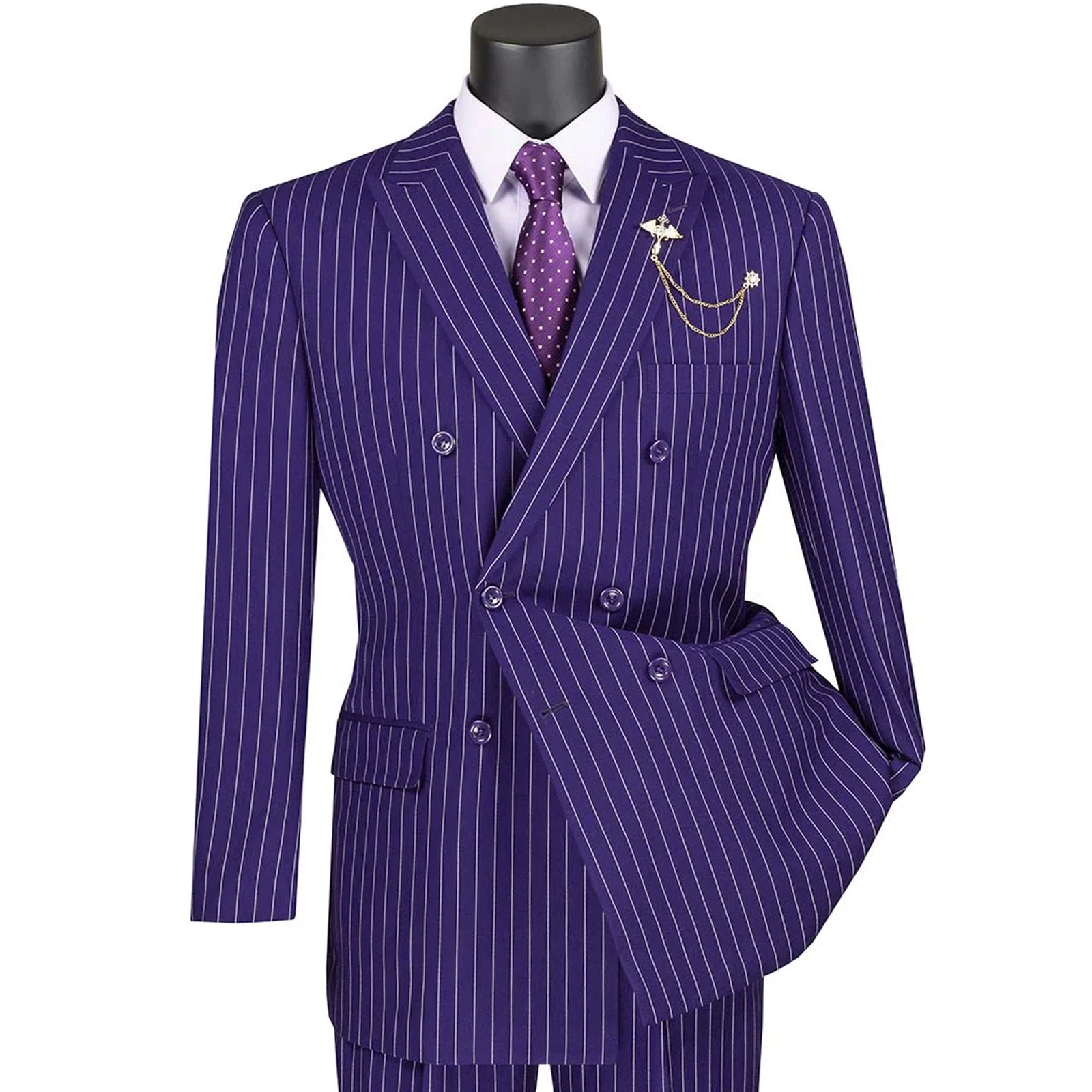 VINCI Men's Purple Pinstripe Double Breasted 6 Button Classic Fit Suit - NEW