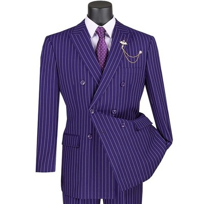 VINCI Men's Purple Pinstripe Double Breasted 6 Button Classic Fit Suit - NEW