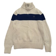 Polo Ralph Lauren 1/4 Zip Pullover Knit Sweater Off White/Blue Boys Medium 10/12