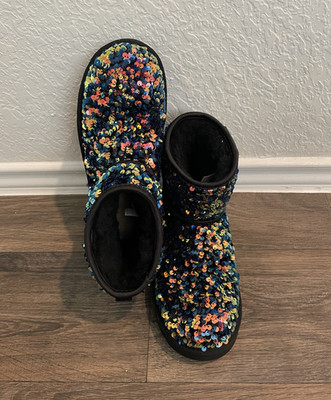 UGG Classic Mini Sequin Ankle Bootie Black/Multicolor Lined Women s US 6