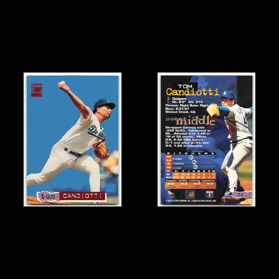 Tom Candiotti #32 1994 Topps Stadium Club Los Angeles Dodgers Baseball Card MLB - Image 3 of 3