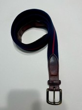 Orvis Canvas and Bison Leather Belt Navy Blue & Red Stripe Size 42 Made In USA