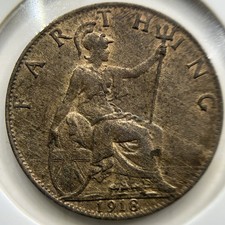 1918 British Farthing Coin - Uncirculated Red Brown - George V UK