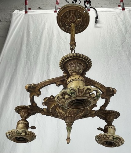 Antique Vintage Art Deco J.M. FELDMAN 3 Arm Ceiling Light Fixture Chandelier - Picture 2 of 24