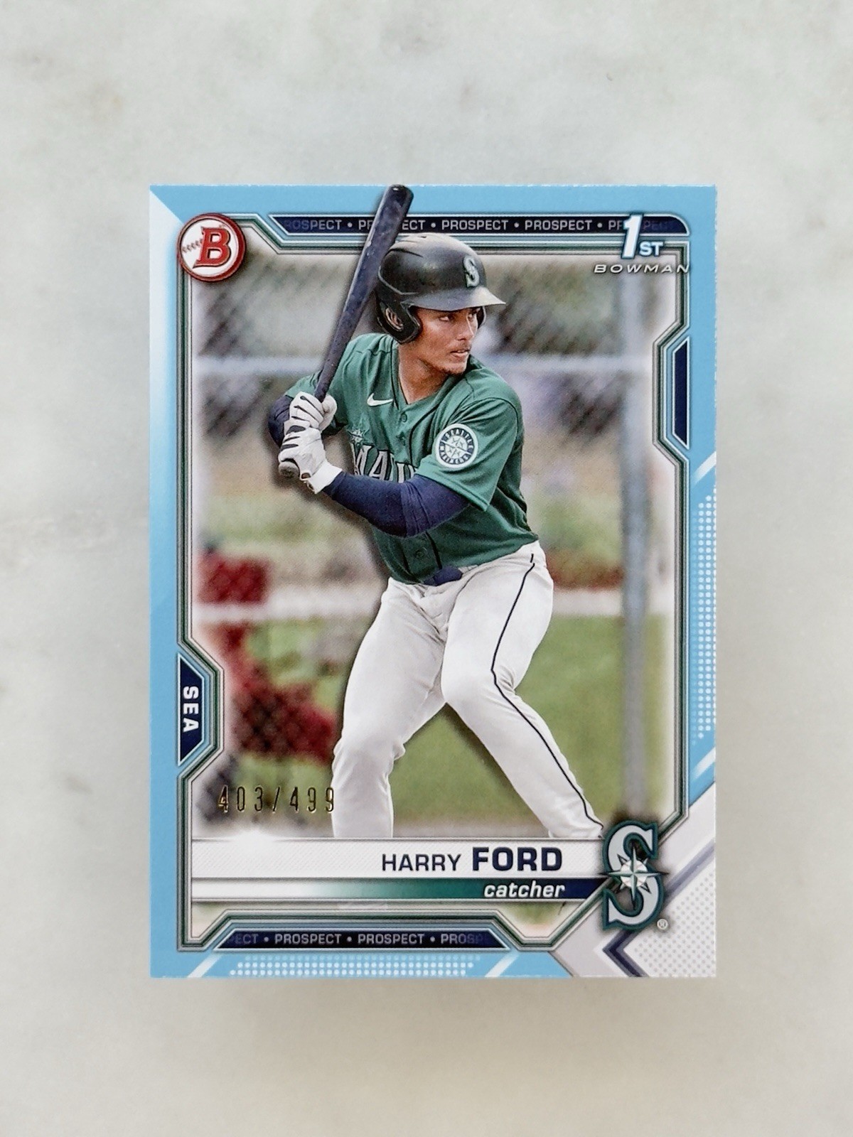 2021 Bowman Draft #BD-1 Harry Ford 1st Bowman Sky Blue /499 Parallel Mariners
