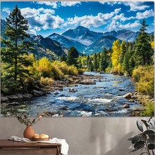 1pc Vibrant Forest Mountain Scenery Backdrop - Lush Green Pine Trees, Flowing Ri