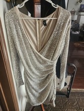 Windsor Silver Sequin Bodycon Dress V-Neck Long Sleeve Short Size S