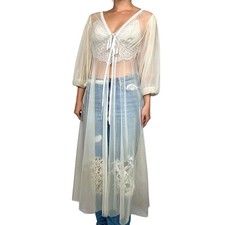 Vintage 1950s White Sheer Nylon Bed Jacket Pleated Angel Sleeve Lace Trim