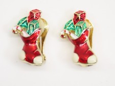 VTG Christmas Stocking Filled Gifts Enamel Earrings Clip On D3044