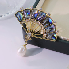 Statement Natural Pearl Gift Fan Shape Brooch Zircon Pin Women Elegant Accessory
