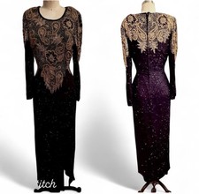 Vintage long fully beaded heavy black gold gown dramatic shoulders fitted