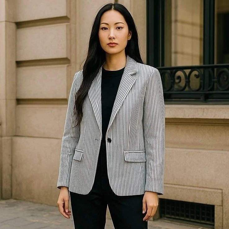 J. Jill Striped Seersucker Blazer 2X Gray White Preppy Old Money Classic Office - Image 2 of 4