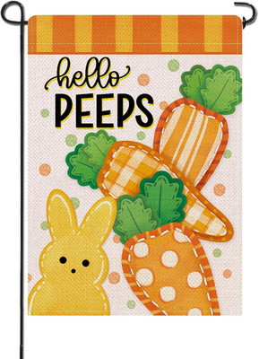 Easter Hello Peeps Bunny Small Decorative Garden Flag, Cute Rabbit Carrot Orange