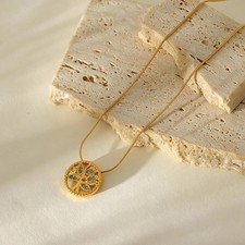 Vintage Round Life of Tree Pendant Necklace Blue Crystal Inlay Snake Chain Women