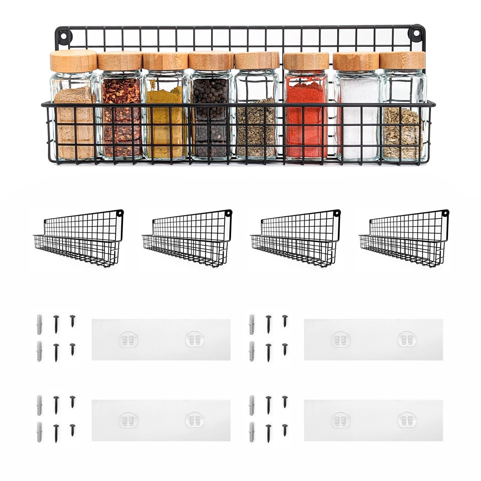 Kempt Wall Mounted Spice Rack for Inside Cupboard, Set of 4 Kitchen Shelf