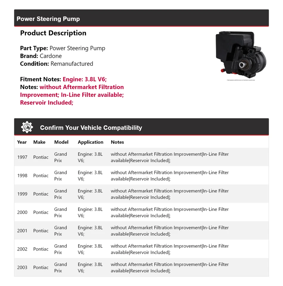 Bomba de dirección asistida Cardone 1998 1999 para Pontiac Grand Prix 1997-2003 3,8 L V6 Foto 2 de 4