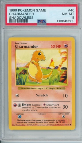 1999 Pokemon Base Set Charmander SHADOWLESS PSA 8 Fresh Grade #46