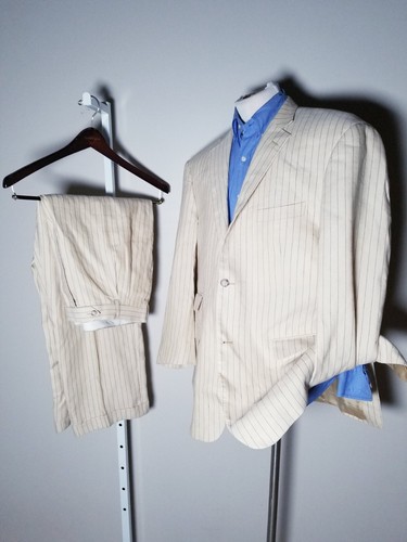 Paul Fredrick Tan Blue Pinstripe 2pc SUIT Wool Linen 46R Jacket Blazer Pants W40
