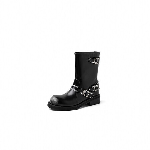 Stivali da moto donna chic in pelle punta tonda bicolore cinturino fibbia scarpe - Foto 13 di 14