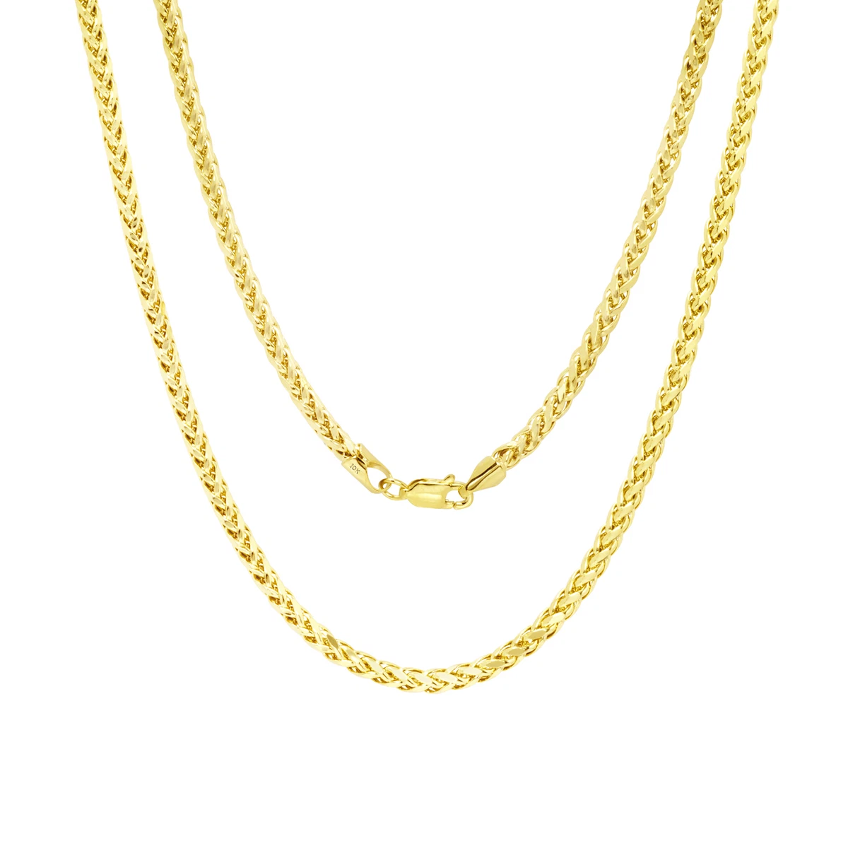 10K Yellow Gold 3mm Palm Wheat Foxtail Franco Round Spiga Chain Necklace 28