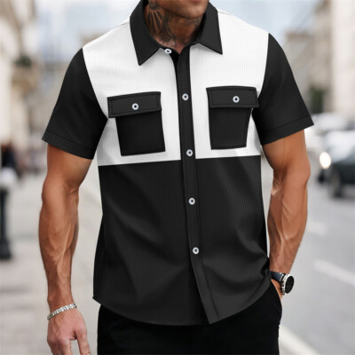 Men's Waffle Shirt Casual Slim Shirts Short Sleeve Button Down