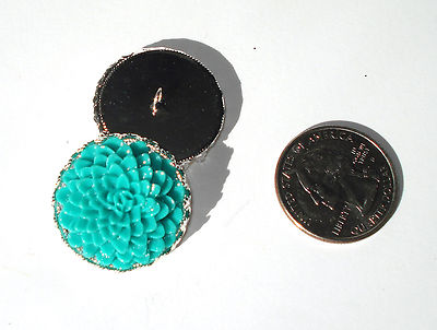 Green Dahlia Resin Button 1'' handcrafted shank silver plated crown edge tray