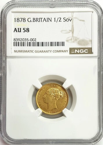 1878 GOLD GREAT BRITAIN 1/2 SOVEREIGN YOUNG HEAD VICTORIA COIN NGC ABOUT UNC 58