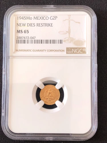 Mexico 1945 Mo 2 Pesos Gold Coin Restrike  NGC MS65